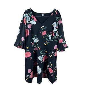 Old Navy Plus Fit & Flare 3/4 Bell Sleeve Jersey Floral Dress Black Size 2X